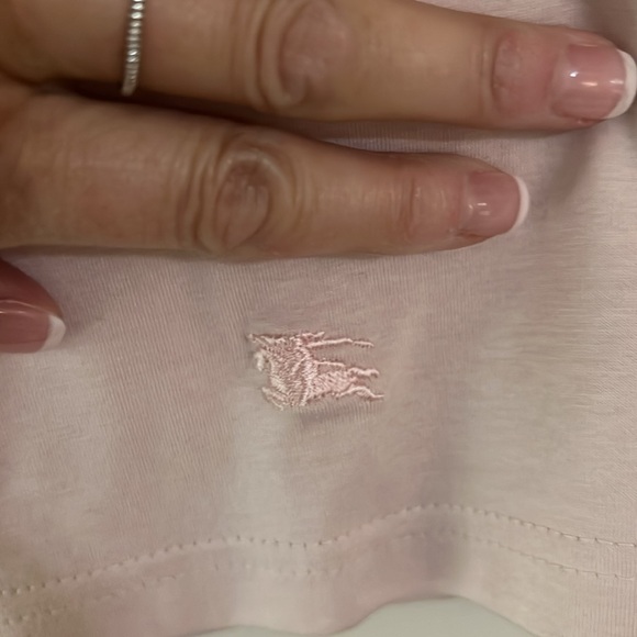 Pink Burberry Tshirt with plaid Burberry trim on V neck front. - Picture 4 of 5